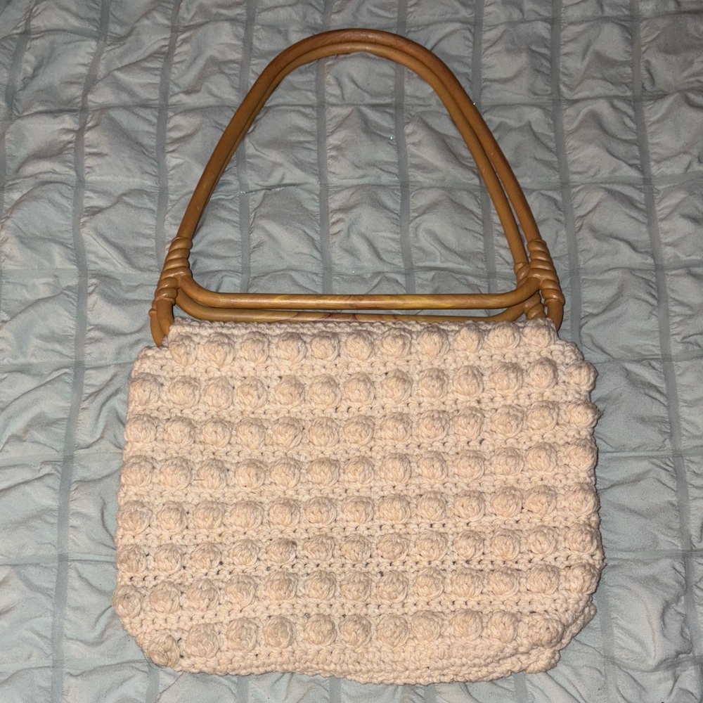 Handmade Cream Crochet Women's Bag with wooden handles